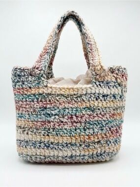 Handmade Multicolor Crochet Tote Bag - Cream, Blue & Pink